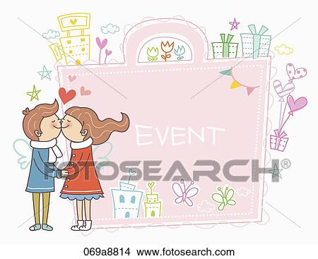 Stock Illustration - The kissing boy and girl with event notice. Fotosearch