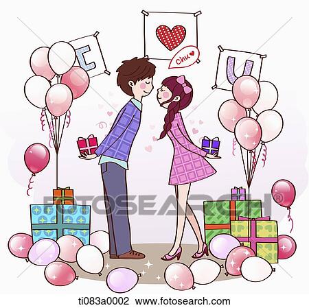 Drawing - The kissing couple with the present behind . Fotosearch