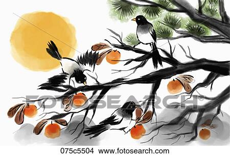 The Korean magpie on the persimmon tree View Large Illustration Stock Illustration - The Korean magpie on the persimmon tree. Fotosearch