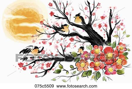 Stock Illustration - The Korean magpie on the red blossom tree with full moon . Fotosearch