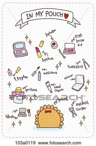 The lady cosmetics in the pouch View Large Illustration Stock Illustration - The lady cosmetics in the pouch . Fotosearch