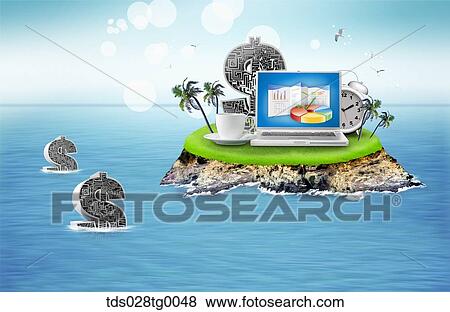 The laptop with chart, dollar, clock, a cup on the island with the floating dollar around View Large Illustration Stock Illustration - The laptop with chart, dollar, clock, a cup on the island with the floating dollar around. Fotosearch