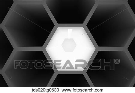 The lighted hexagon room surrounded by other dark rooms View Large Illustration Clipart - The lighted hexagon room surrounded by other dark rooms . Fotosearch