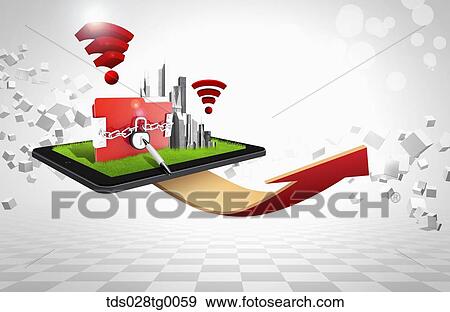 The locked document and building on the tablet PC with rising red arrow View Large Illustration Stock Illustration - The locked document and building on the tablet PC with rising red arrow. Fotosearch