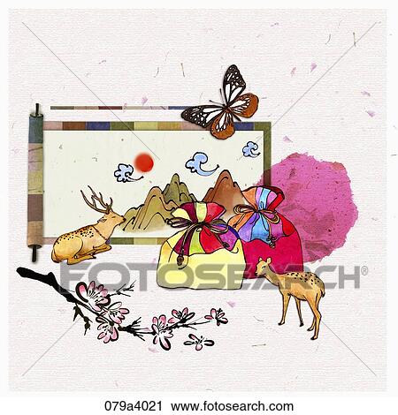 Clip Art - The lucky bag, deer, pink blossom, butterfly and the drawing of mountain . Fotosearch