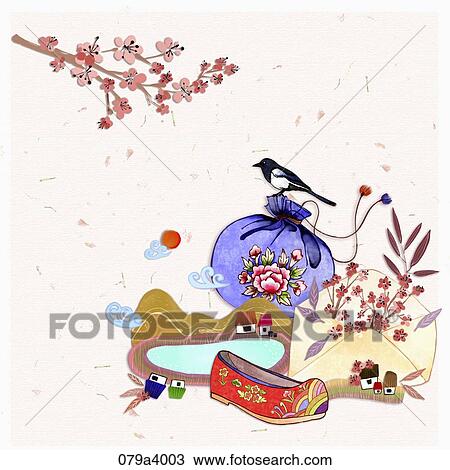 Drawing - The lucky bag, envelope, house, traditional shoe, and Korean magpie . Fotosearch
