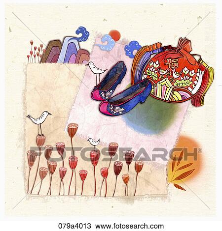 The lucky bag, traditional shoes, and birds on lotus View Large Illustration Drawing - The lucky bag, traditional shoes, and birds on lotus. Fotosearch
