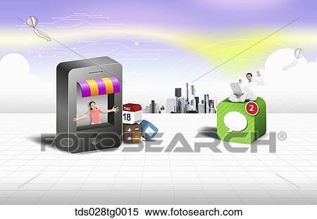 Stock Illustration - The man and woman with Smartphone icon . Fotosearch