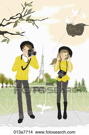 Stock Illustration - The man taking picture of the woman in the park . Fotosearch