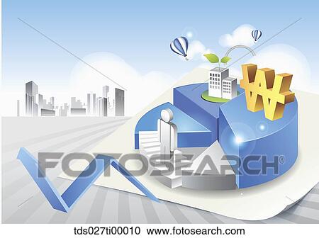 The money and building on the blue pie chart with blue arrow around View Large Illustration Clipart - The money and building on the blue pie chart with blue arrow around. Fotosearch