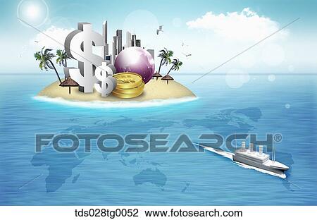 Drawing - The money, building, and globe on the island with the world map and ship around. Fotosearch