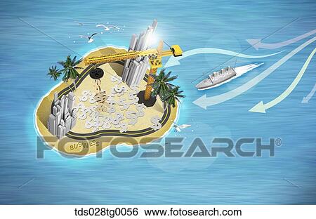 The money, crane, and building on the island with the ship and arrow around View Large Illustration Stock Illustration - The money, crane, and building on the island with the ship and arrow around. Fotosearch