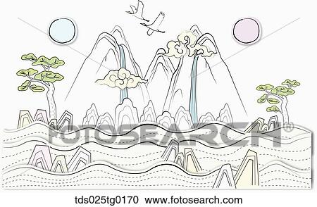 Clipart - The mountain, flying crane, pine, and wave illustration . Fotosearch