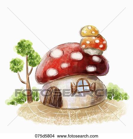 Stock Illustration - The mushroom shaped house with green tree around. Fotosearch