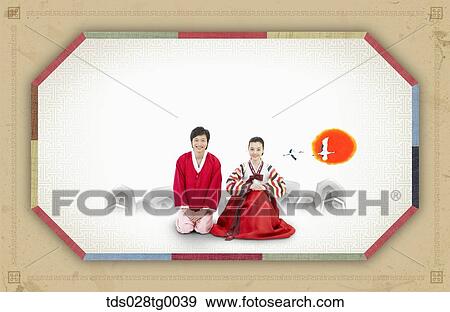 Stock Illustration - The new year card with man and woman in traditional clothes. Fotosearch