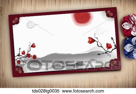 Stock Illustration - The new year card with red blossoms and sun. Fotosearch