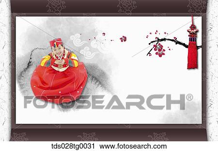 Clip Art - The new year card with smiling girl in traditional clothes. Fotosearch