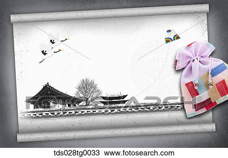 Drawing - The new year card with traditional house and lucky bag. Fotosearch
