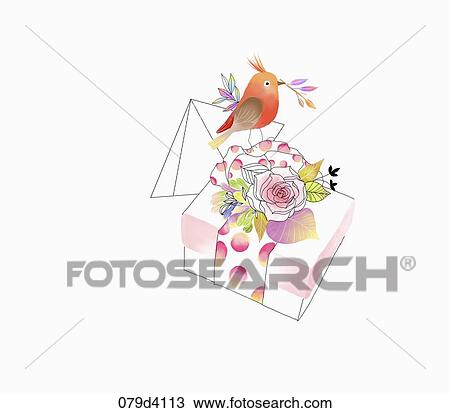 Drawing - The orange bird on the pink gift box . Fotosearch