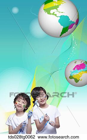 Drawing - The painting children and colorful globe with blue background. Fotosearch