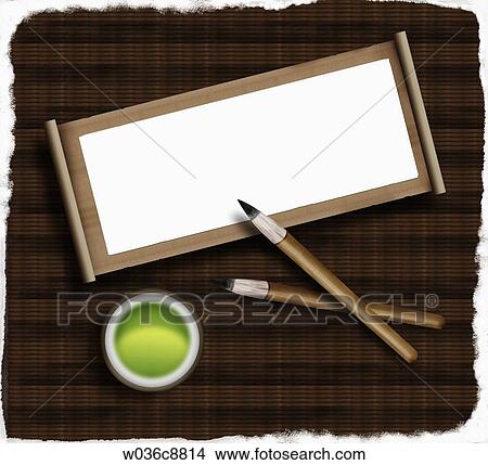 The paper and writing brushes with the cup of green tea View Large Illustration Stock Illustration - The paper and writing brushes with the cup of green tea. Fotosearch