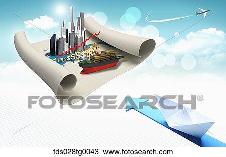 Drawing - The paper ship and blue arrow toward the paper of container ship and skyscraper. Fotosearch