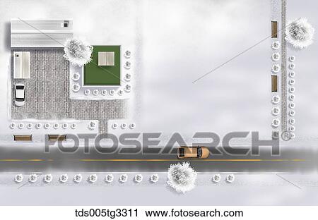 Clip Art - The parking lot and road from above with snowy surroundings. Fotosearch
