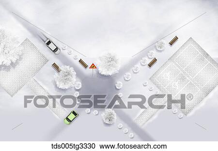 Clipart - The parking lot and road from above with snowy surroundings. Fotosearch