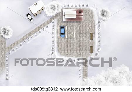 The parking lot and road from above with snowy surroundings View Large Illustration Drawing - The parking lot and road from above with snowy surroundings. Fotosearch
