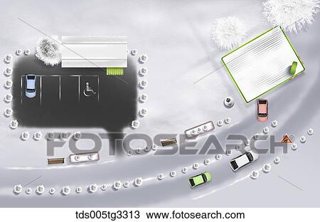 The parking lot and road from above with snowy surroundings View Large Illustration Drawing - The parking lot and road from above with snowy surroundings. Fotosearch