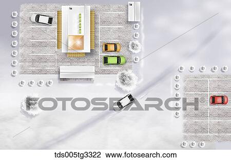 Drawing - The parking lot and road from above with snowy surroundings. Fotosearch