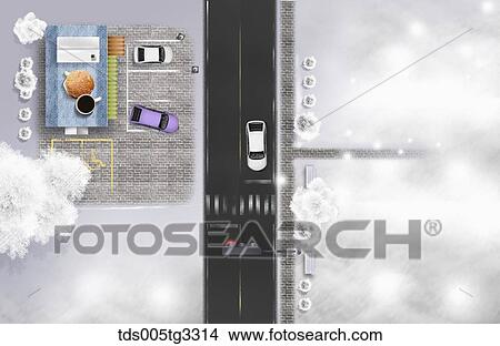 The parking lot and road from above with snowy surroundings View Large Illustration Stock Illustration - The parking lot and road from above with snowy surroundings. Fotosearch
