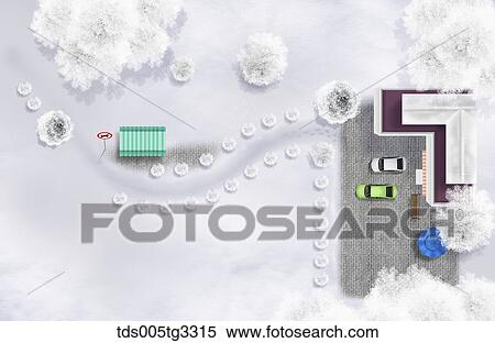 The parking lot and road from above with snowy surroundings View Large Illustration Stock Illustration - The parking lot and road from above with snowy surroundings. Fotosearch