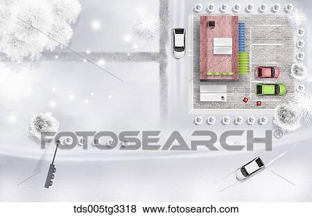The parking lot and road from above with snowy surroundings View Large Illustration Stock Illustration - The parking lot and road from above with snowy surroundings. Fotosearch