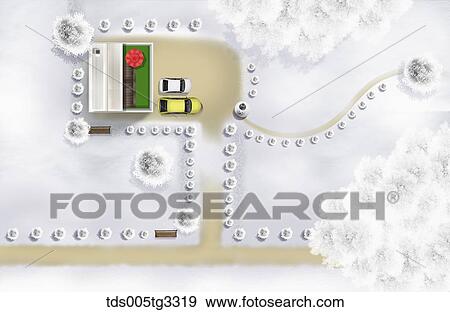 Stock Illustration - The parking lot and road from above with snowy surroundings. Fotosearch