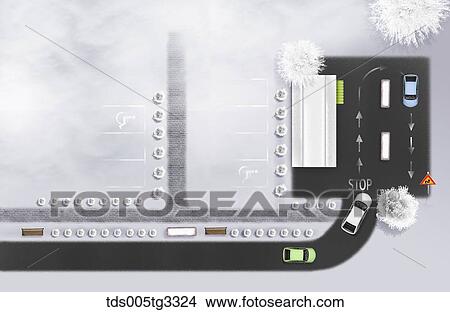 Stock Illustration - The parking lot and road from above with snowy surroundings. Fotosearch