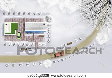 Stock Illustration - The parking lot and road from above with snowy surroundings. Fotosearch