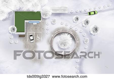 Stock Illustration - The parking lot and road from above with snowy surroundings. Fotosearch