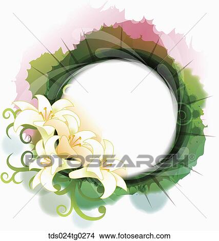 Stock Illustration - The pink and green ink spreading circle with white lily . Fotosearch