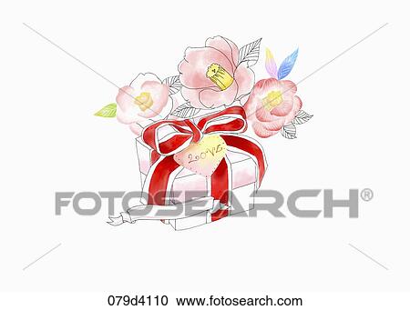 The pink gift box decorated with the pink flowers and red ribbon View Large Illustration Clipart - The pink gift box decorated with the pink flowers and red ribbon. Fotosearch