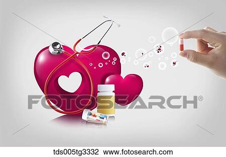 Drawing - The pink heart and medical equipment with a hand holding tablet. Fotosearch