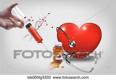 Drawing - The pink heart and medical equipment with a hand holding syringe. Fotosearch