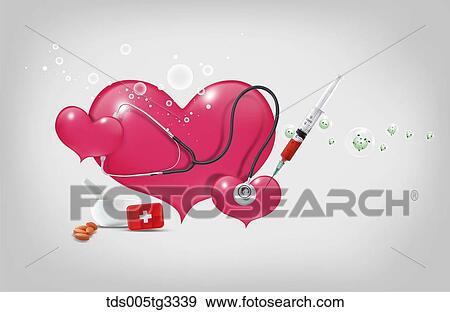 Stock Illustration - The pink heart with medical equipment around . Fotosearch