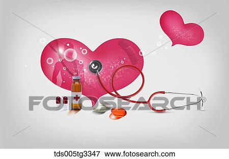 Stock Illustration - The pink heart with medical equipment around . Fotosearch