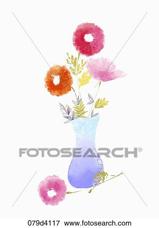 The pink, orange, pink flowers in the blue vase View Large Illustration Stock Illustration - The pink, orange, pink flowers in the blue vase. Fotosearch