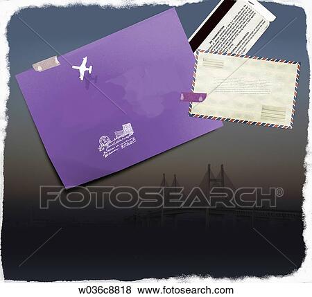 Stock Illustration - The post card, envelope, and pass with night view background. Fotosearch