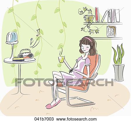 The pregnant woman listening to the music View Large Illustration Drawing - The pregnant woman listening to the music. Fotosearch