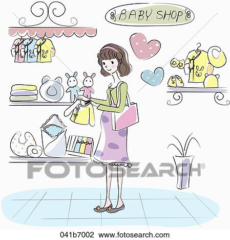 Drawing - The pregnant woman shopping baby clothes. Fotosearch