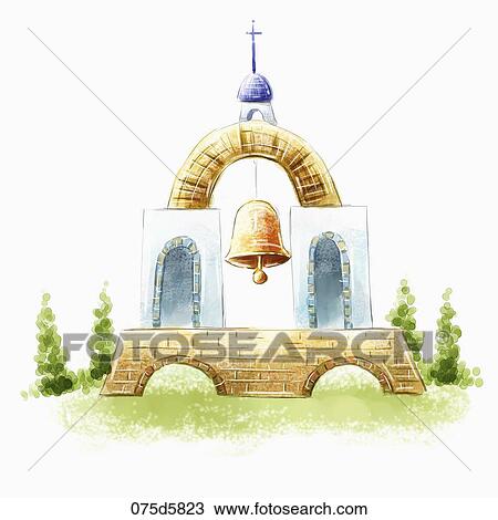 Drawing - The purple cross, brown arch, and bell with the green trees around. Fotosearch