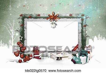 Clipart - The rectangle tree frame with Christmas decorations around. Fotosearch
